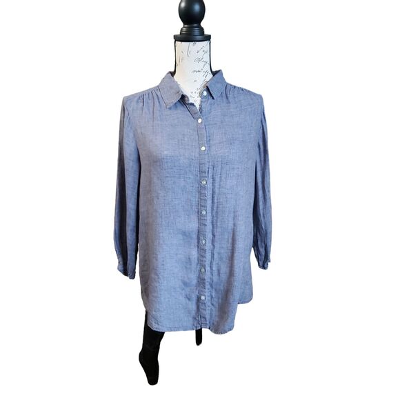 Sigrid Olsen Blue Linen Button Up Shirt 3/4 Shirred Sleeves Feminine Size Medium - Picture 1 of 6